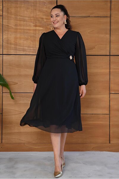 FOR ESRA BIG TREND Women's Plus Size Double-Breasted Collar Waist Accessory Detail Long Sleeve Midi Chiffon Evening Dress