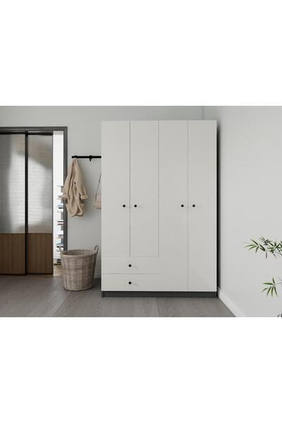 Masif Market 4 Kapaklı 2 Çekmeceli Gardırop Koyugri-Beyaz
