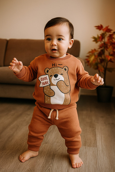 CemBebe Brown bear pattern three-thread thick winter fabric baby tracksuit set