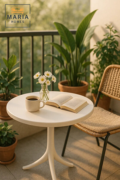 MARIA HOMES Round White Plastic Dining Table – Modern Outdoor, Garden, Patio & Café Furniture 70×70×75 cm