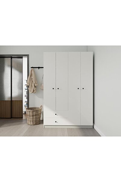Masif Market 4 Kapaklı 2 Çekmeceli Gardırop Külgri-Beyaz