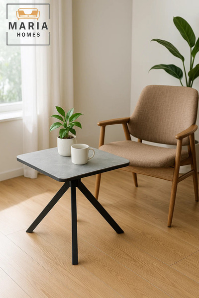 MARIA HOMES Square Grey Marble Dining Table – Modern Café, Restaurant, Office & Home Metal Furniture 60×60×60 cm