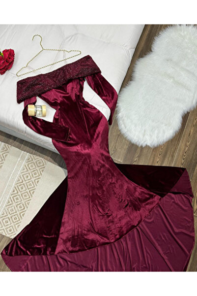 Nice Model Velvet Off-Shoulder Evening Dress Glitter Mesh Bodice Long Sleeve Formal Gown Train Burgundy Mauve