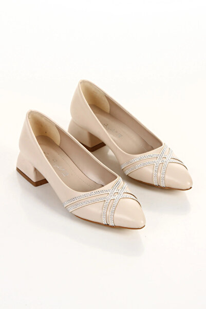 MFT AYAKKABI Beige Stone Detailed Short Thick Heeled Comfortable Daily Evening Dress Shoes