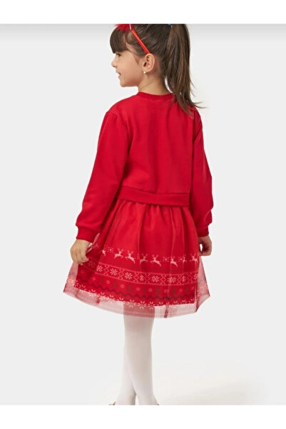 Butik Girl's Deer Printed Red Tulle New Year's Dress
