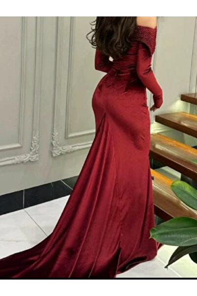 Nice Model Velvet Off-Shoulder Evening Dress Glitter Mesh Bodice Long Sleeve Formal Gown Train Burgundy Mauve