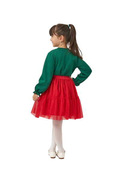 Butik Girl's Cotton Pompom Christmas Themed Long Sleeve Red Tulle Skirt Set
