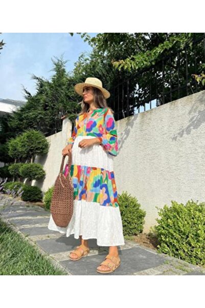 stellacloset فستان طويل من القطن مع تموجات زرقاء 2025