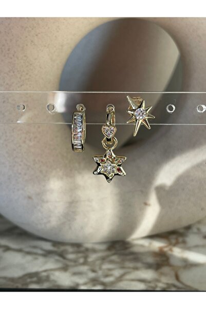 XUPING JEWELRY VIP Üçlü 14K Kalp ve Yıldız Detaylı Halka Küpe Seti