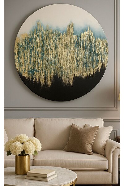 Store BesArt - Rölyef Dokulu Tablo - el yapımı - Daire Tuval - siyah,beyaz,turkuaz,gold detaylı