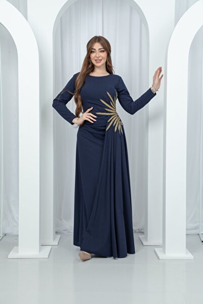 TREN Navy Blue Evening Dress with Gold Embroidery Long Sleeve Formal Gown Draped Maxi Dress Women