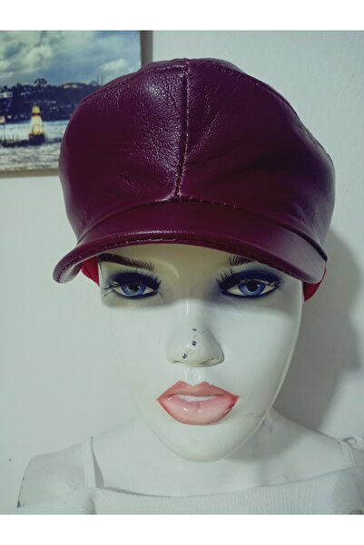 hoaryage Unisex Genuine Leather Claret Red Cap Classic Cap Elastic Hat