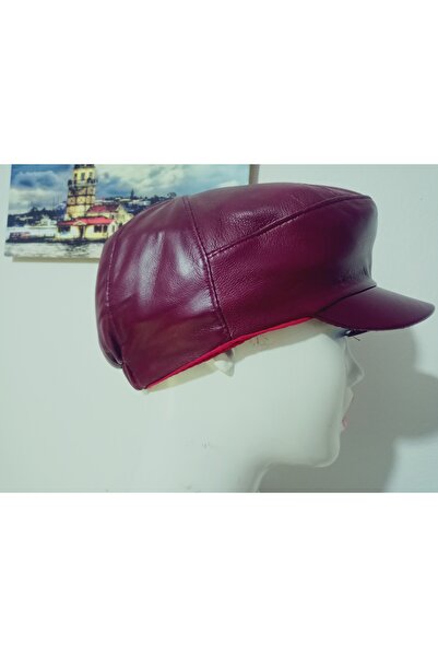 hoaryage Unisex Genuine Leather Claret Red Cap Classic Cap Elastic Hat