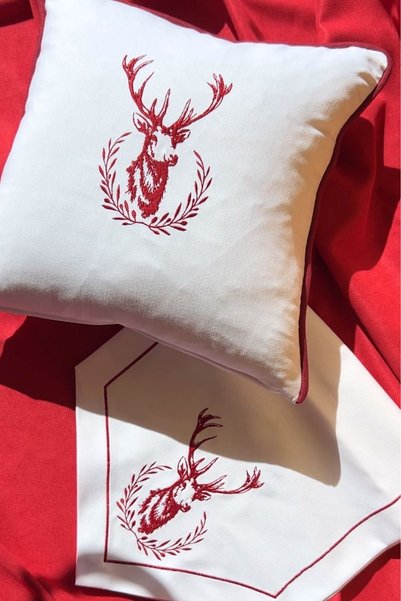 Elegancembroidery Deer Embroidered Throw Pillow and Runner – Red and White Ch...