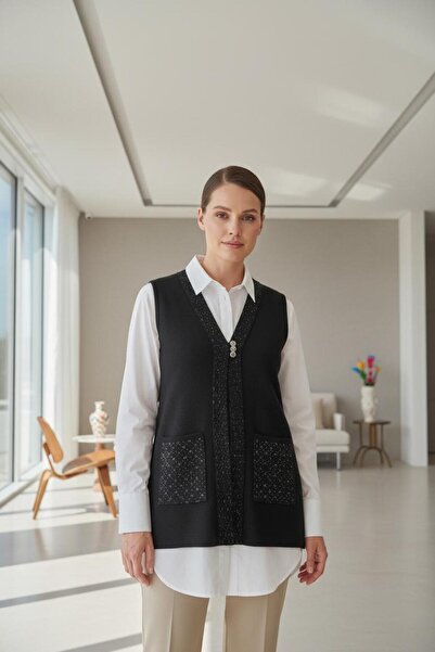 larocci Button Detailed Vest Black + Shawl Gift