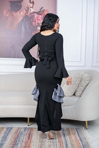 TREN Elegant Black Mermaid Dress with Bell Sleeves Gray Ruffle Hem Evening Party Formal Women Gown