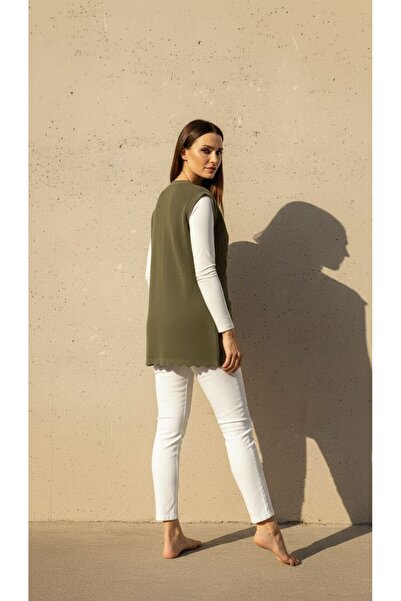 larocci Flower Detailed Knitted Vest Khaki + Shawl Gift