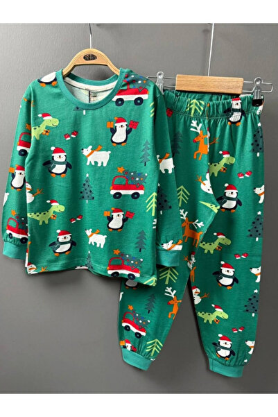 Butik Green Color 100% Cotton Unisex New Year Children's Pajama Set