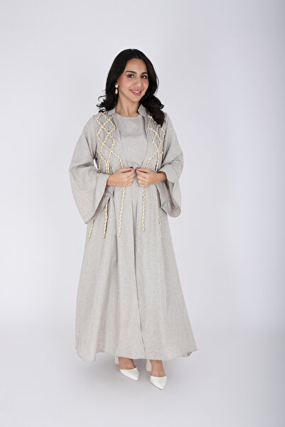 IKKXA جلابية فاخرة من الكتان بتصميم حبل من قطعتين