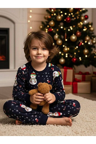 Butik Navy Blue Color 100% Cotton Unisex New Year Children's Pajama Set