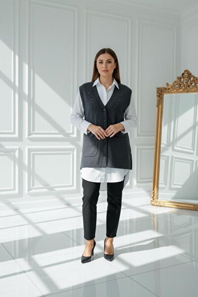 larocci V-Neck Wrap Detailed Vest Anthracite + Shawl Gift