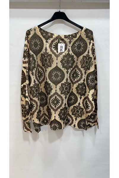 della moor Beige Italian Ethnic Pattern Batwing Sleeve Mercerized Blouse