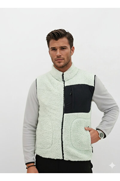 OXVİN Furry Plush Vest Woolen Lamb Welsoft Bone Zipper Pocket Detail (Full Size)