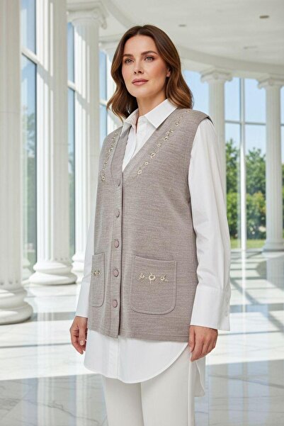 larocci V-Neck Wrap Detailed Vest Sand + Shawl Gift