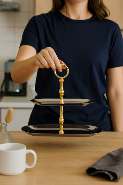 Efsun 2-Tier Boat Tray Stainless Steel Serving Tray, Kura Piped K, Pasta Holder, Promise, Engagement