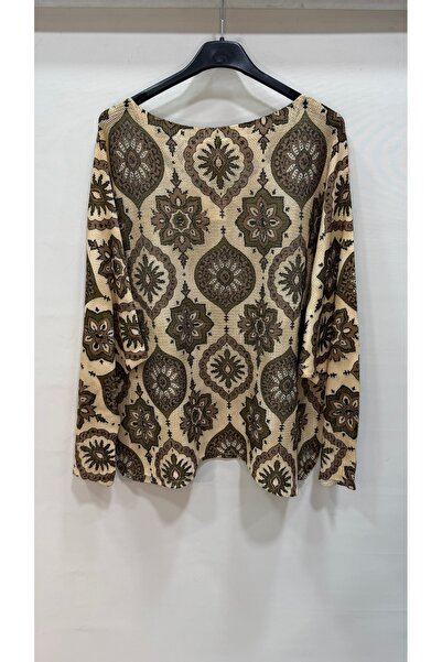 della moor Beige Italian Ethnic Pattern Batwing Sleeve Mercerized Blouse