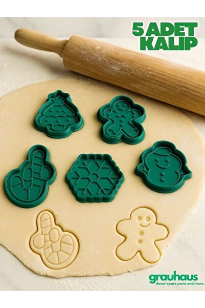 GRAUHAUS 5-Piece Christmas Cookie Mold Set with Christmas, Gingerbread, Snowflake, Candy Cane, Pine Tree Designs