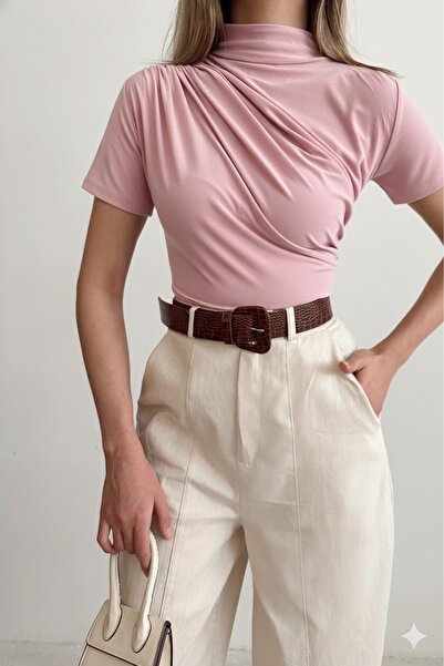 Trend Marfa Stand Collar Gather Detailed Short Sleeve Sandy Blouse