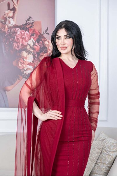 TREN Burgundy Red Embellished Three-Piece Suit with Sheer Sleeves and Flowing Tulle Dupatta for Women
