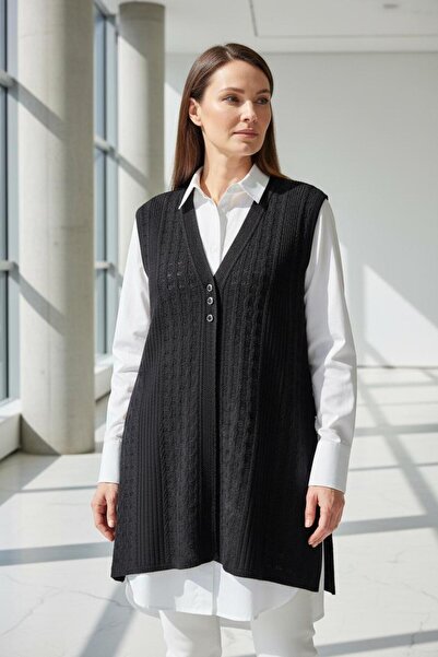 larocci Slit Detailed Long Vest Black +Shawl Gift