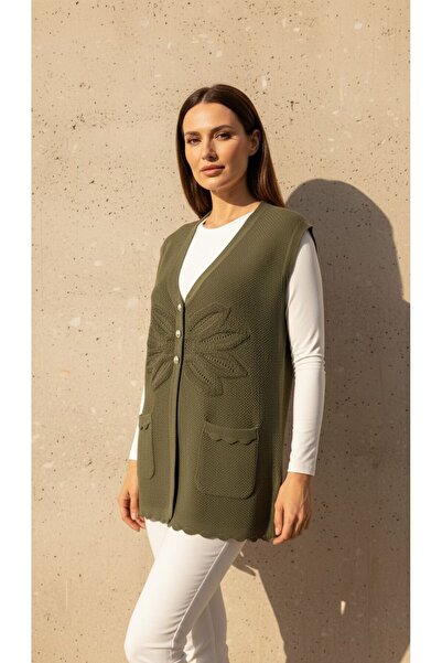 larocci Flower Detailed Knitted Vest Khaki + Shawl Gift