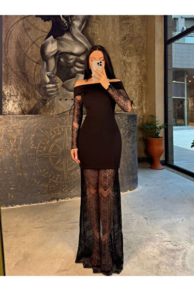 missswans Aris Madona Yaka Kol Ve Eteği Dantel Uzun Elbise Siyah