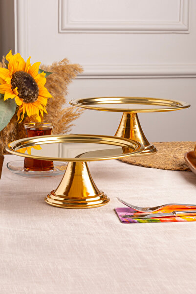 Efsun 2-Piece Gold Round, Stylish Design Cake, Pastry, Cookie, and Dessert Serving Presentation Stand with Legs