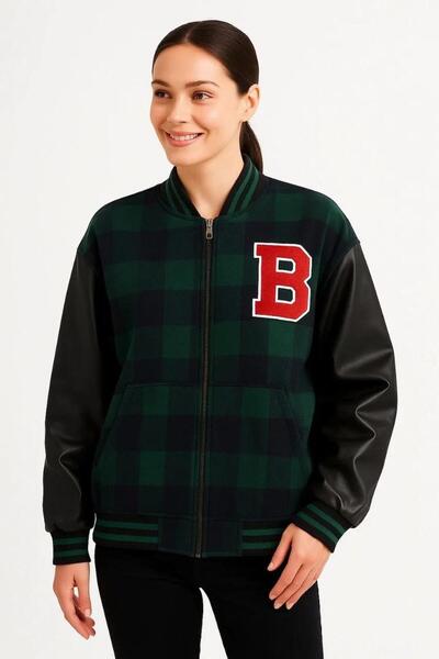 RAWEA FASHİON Women's College Jacket – Checkered Lumberjack Fabric, Faux Leather Sleeves, Zipper Closure, Quilted Lining Inside, Embroidered