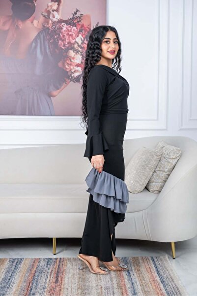 TREN Elegant Black Mermaid Dress with Bell Sleeves Gray Ruffle Hem Evening Party Formal Women Gown