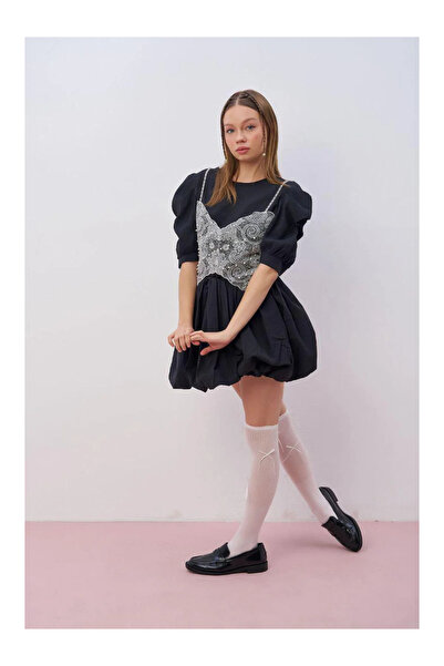 MY LORİN KİDS STORE KIZ 7991 KREP DANTEL BÜSTİYERLİ TSHIRT SİYAH