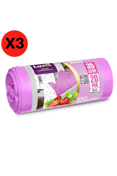 Luxia Set de 3 saci de gunoi 35 L, parfum de căpșuni, cu urechi, 20 buc/rolă (NOU)