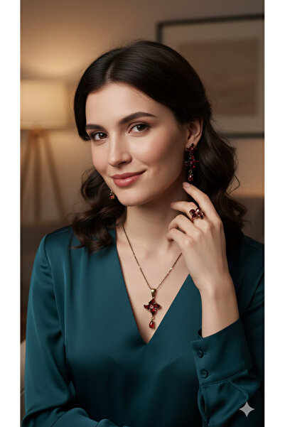 Zeyn Kırmızı Taşlı Zarif Çiçek Takı Seti (Kolye, Küpe, Yüzük) - Kutu Hediyeli