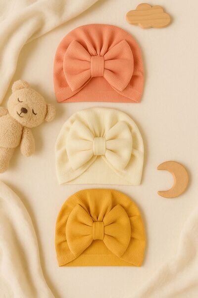 Pico Baby Baby-Mützen-Set mit Schleife, 3-teilig - Creme/Lachs/Senf