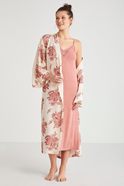 M MERC Giyim Merc 100% Viscose Floral Pattern 2-Piece Dressing Gown Nightgown...
