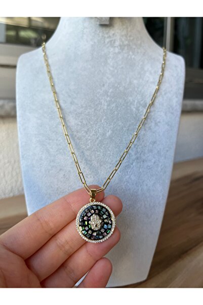14K Gold Renk Çelik Kolye – Fatıma Ana Eli Uçlu – 45 cm & 60 cm Zincir Seçenekli – Hediye Paketli