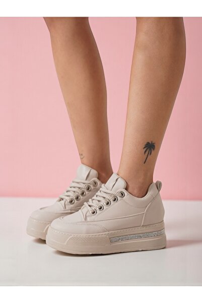 Jarrox Shoes Comfy Beige Colored Hidden Wedge Heeled Stone Detailed Flat Bottom Sneaker Sports Shoes