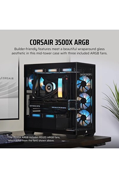 Corsair علبة كمبيوتر ATX متوسطة الحجم ARGB 3500X - زجاج مقسّى بانورامي - متوافقة مع التوصيل العكسي