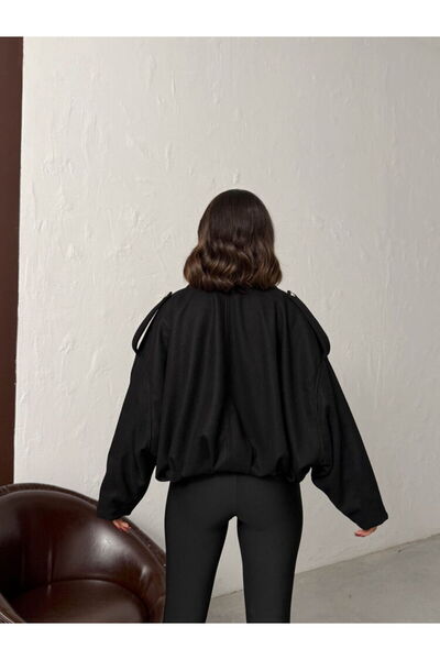 VELZANA Black Pocket Short Cashmere Bomber Coat Jacket