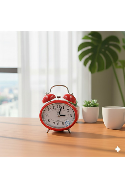 Livava Taşlı Oval Mini Metal Masa Saati, Alarmlı ve Işıklı, Kırmızı, 12x8