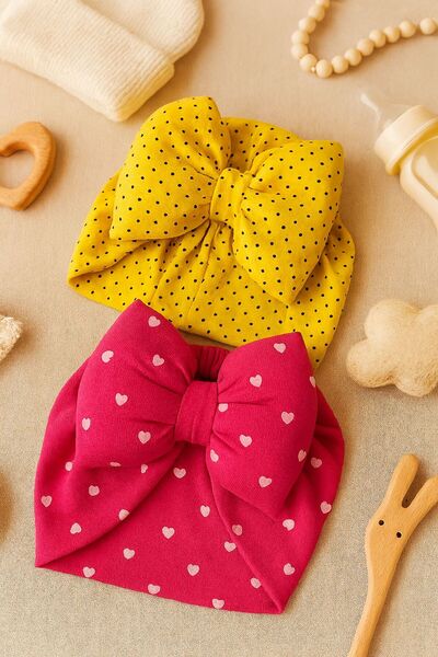 Pico Baby Bowknot Double Layer Polka Dot Baby Bonnet Set of 2 - Yellow/Fuchsia